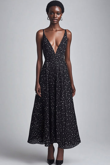 Black and White Chiffon Deep V-Neck Maxi Boho A Line Polka Dot Dress